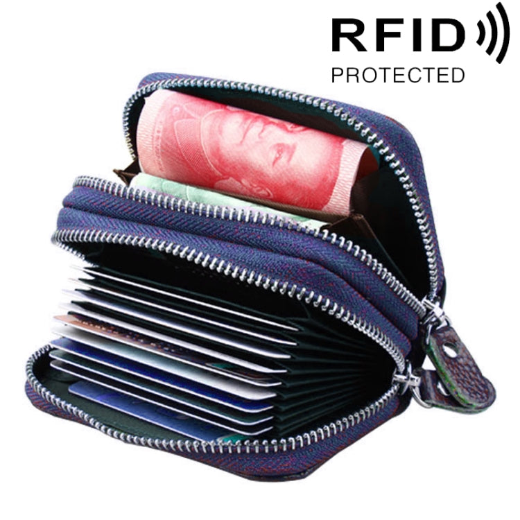 Genuine Leather Dual Layer Zipper Card Holder Wallet RFID Blocking Purse, Size: 10.5x7.0x4.0cm(Blue) - Antimagnetic RFID Package by buy2fix | Online Shopping UK | buy2fix