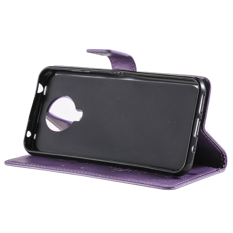 For Nokia G10 Tree & Cat Pattern Pressed Printing Horizontal Flip PU Leather Case with Holder & Card Slots & Wallet & Lanyard(Lavender) - Nokia Cases by buy2fix | Online Shopping UK | buy2fix