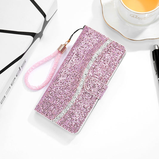 For iPhone 13 mini Glitter Powder Horizontal Flip Leather Case with Card Slots & Holder & Lanyard (Pink) - iPhone 13 mini Cases by buy2fix | Online Shopping UK | buy2fix