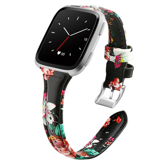 For Fitbit Versa 2 Smart Watch Leather Watch Band, Shrink Version(Red Flower) - Watch Bands by buy2fix | Online Shopping UK | buy2fix