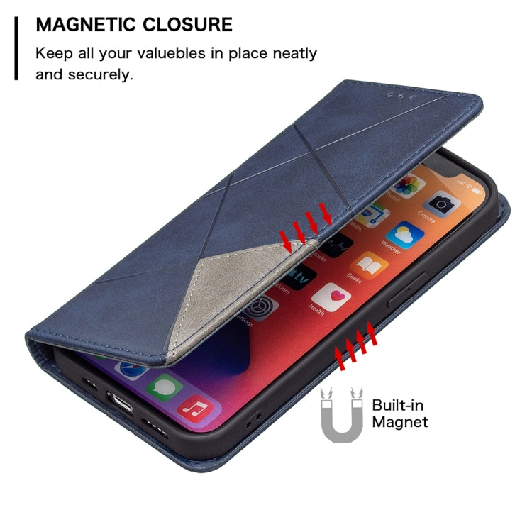 For iPhone 13 Rhombus Texture Horizontal Flip Magnetic Leather Case with Holder & Card Slots(Blue) - iPhone 13 Cases by buy2fix | Online Shopping UK | buy2fix