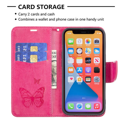 For iPhone 13 mini Embossing Two Butterflies Pattern Horizontal Flip PU Leather Case with Holder & Card Slot & Wallet & Lanyard (Rose Red) - iPhone 13 mini Cases by buy2fix | Online Shopping UK | buy2fix