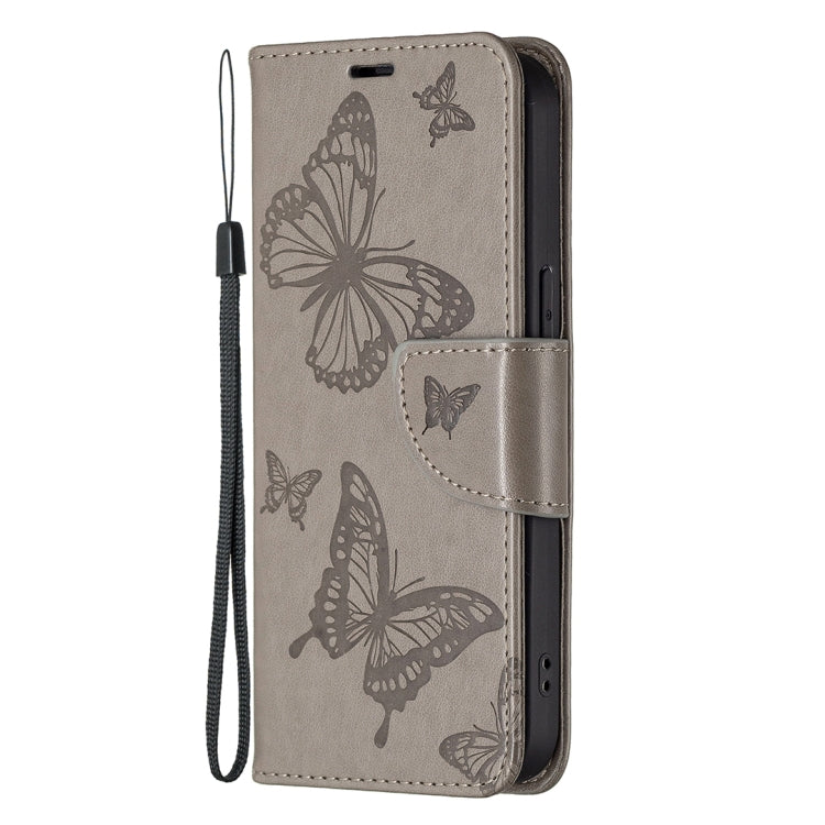 For iPhone 13 Pro Embossing Two Butterflies Pattern Horizontal Flip PU Leather Case with Holder & Card Slot & Wallet & Lanyard (Grey) - iPhone 13 Pro Cases by buy2fix | Online Shopping UK | buy2fix