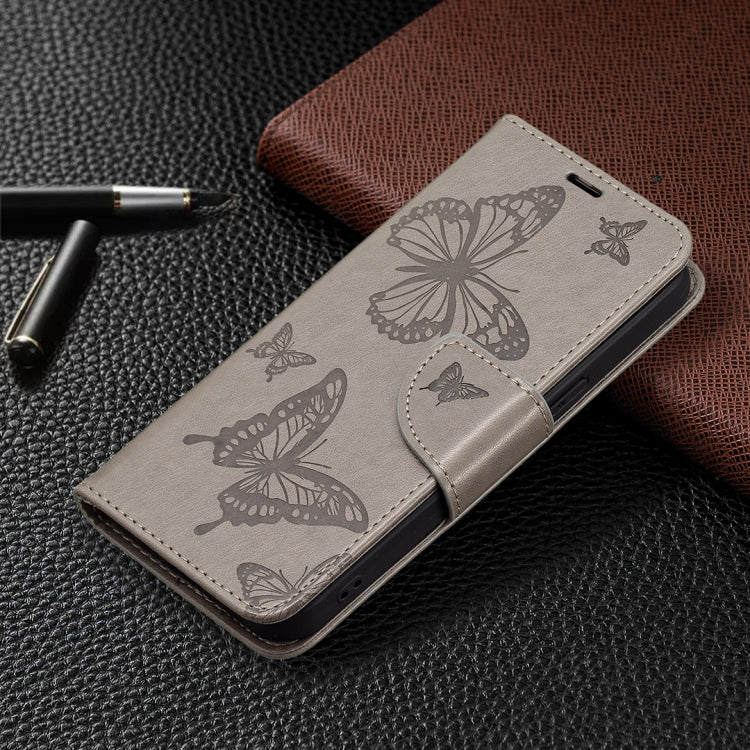 For iPhone 13 Pro Embossing Two Butterflies Pattern Horizontal Flip PU Leather Case with Holder & Card Slot & Wallet & Lanyard (Grey) - iPhone 13 Pro Cases by buy2fix | Online Shopping UK | buy2fix