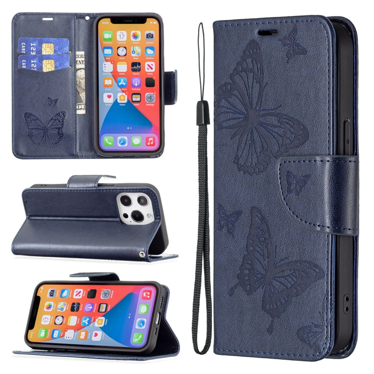 For iPhone 13 Pro Embossing Two Butterflies Pattern Horizontal Flip PU Leather Case with Holder & Card Slot & Wallet & Lanyard (Blue) - iPhone 13 Pro Cases by buy2fix | Online Shopping UK | buy2fix