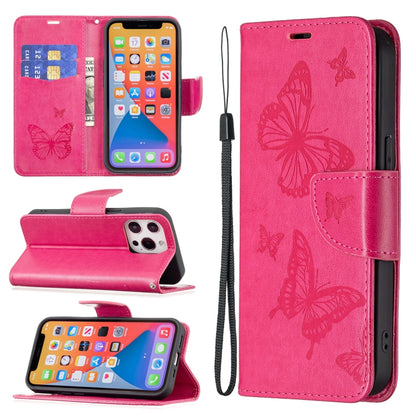 For iPhone 13 Pro Embossing Two Butterflies Pattern Horizontal Flip PU Leather Case with Holder & Card Slot & Wallet & Lanyard (Rose Red) - iPhone 13 Pro Cases by buy2fix | Online Shopping UK | buy2fix