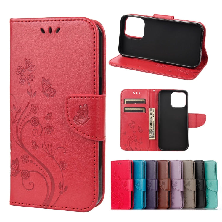 For iPhone 13 Pro Butterfly Flower Pattern Horizontal Flip Leather Case with Holder & Card Slots & Wallet (Red) - iPhone 13 Pro Cases by buy2fix | Online Shopping UK | buy2fix