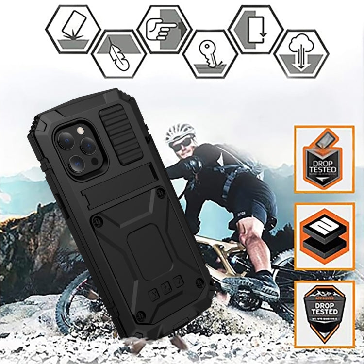 For iPhone 13 mini R-JUST Shockproof Waterproof Dust-proof Metal + Silicone Protective Case with Holder (Black) - iPhone 13 mini Cases by R-JUST | Online Shopping UK | buy2fix