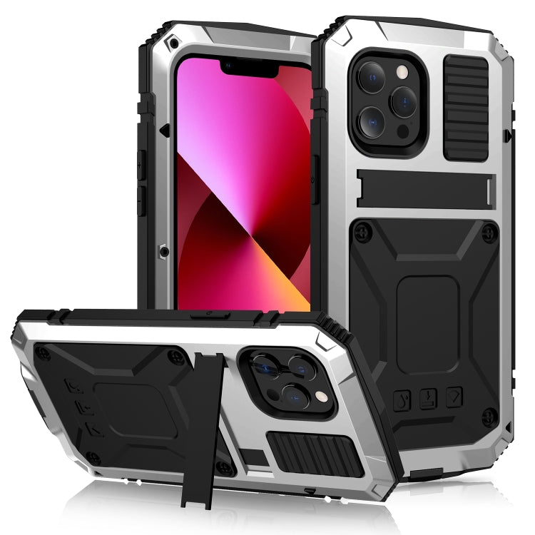 For iPhone 13 R-JUST Shockproof Waterproof Dust-proof Metal + Silicone Protective Case with Holder(Silver) - iPhone 13 Cases by R-JUST | Online Shopping UK | buy2fix
