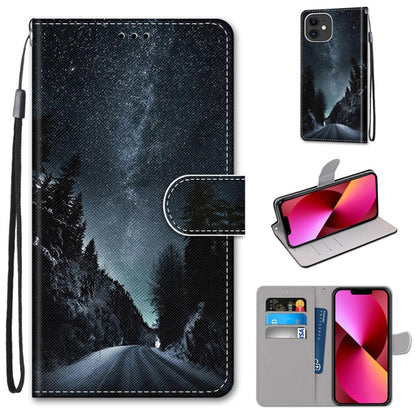 For iPhone 13 Coloured Drawing Cross Texture Horizontal Flip PU Leather Case with Holder & Card Slots & Wallet & Lanyard(Mountain Road Starry Sky) - iPhone 13 Cases by buy2fix | Online Shopping UK | buy2fix