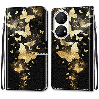 For Huawei P50 Pro Coloured Drawing Cross Texture Horizontal Flip PU Leather Case with Holder & Card Slots & Wallet & Lanyard(Golden Butterfly Group) - Huawei Cases by buy2fix | Online Shopping UK | buy2fix