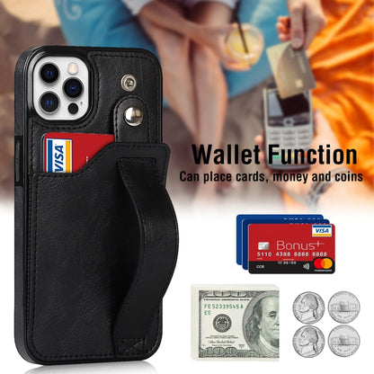 For iPhone 12 / 12 Pro Crazy Horse Texture Shockproof TPU + PU Leather Case with Card Slot & Wrist Strap Holder(Black) - iPhone 12 / 12 Pro Cases by buy2fix | Online Shopping UK | buy2fix