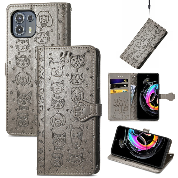 For Motorola Moto Edge 20 Lite Lovely Cat and Dog Embossing Pattern Horizontal Flip Leather Case , with Holder & Card Slots & Wallet & Cartoon Clasp & Lanyard(Grey) - Motorola Cases by buy2fix | Online Shopping UK | buy2fix