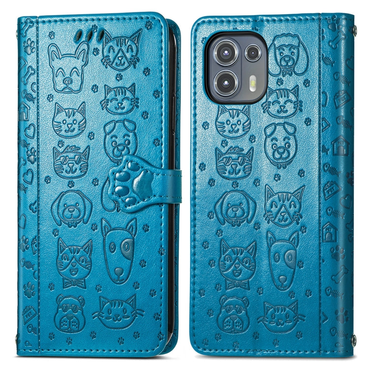 For Motorola Moto Edge 20 Lite Lovely Cat and Dog Embossing Pattern Horizontal Flip Leather Case , with Holder & Card Slots & Wallet & Cartoon Clasp & Lanyard(Blue) - Motorola Cases by buy2fix | Online Shopping UK | buy2fix