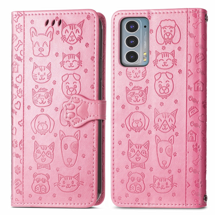 For Motorola Moto Edge 20 Lovely Cat and Dog Embossing Pattern Horizontal Flip Leather Case , with Holder & Card Slots & Wallet & Cartoon Clasp & Lanyard(Pink) - Motorola Cases by buy2fix | Online Shopping UK | buy2fix