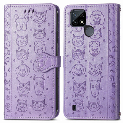 For OPPO Realme C21Y Cat and Dog Embossed Horizontal Flip Phone Leather Case with Holder & Card Slot & Wallet & Lanyard(Purple) - Realme Cases by buy2fix | Online Shopping UK | buy2fix