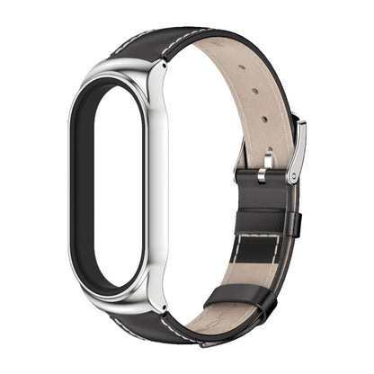 For Xiaomi Mi Band 7 / 7 NFC MIJOBS CS Metal Case Genuine Leather Top Layer Cowhide Watch Band(Black Silver) - Watch Bands by MIJOBS | Online Shopping UK | buy2fix