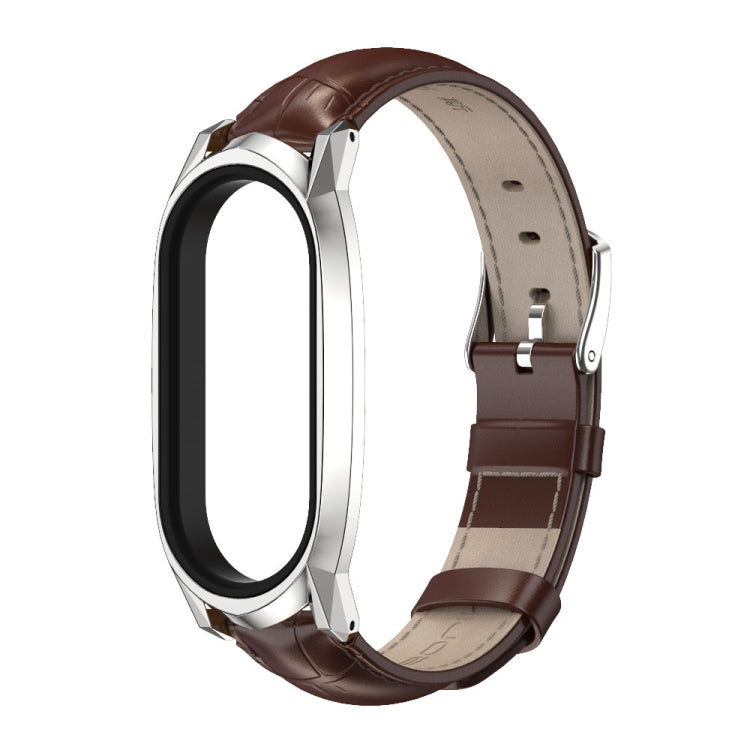 For Xiaomi Mi Band 7 / 7 NFC MIJOBS GT Metal Case Top Layer Cowhide Watch Band(Bamboo Coffee Silver) - Watch Bands by MIJOBS | Online Shopping UK | buy2fix