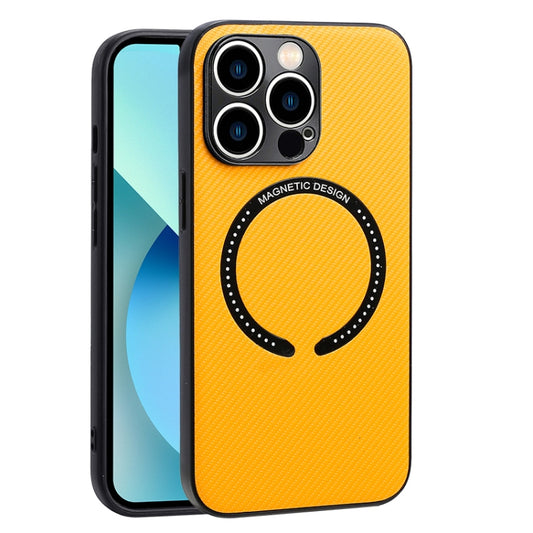 For iPhone 14 Carbon Fiber Texture MagSafe Magnetic Phone Case (Yellow) - iPhone 14 Cases by buy2fix | Online Shopping UK | buy2fix