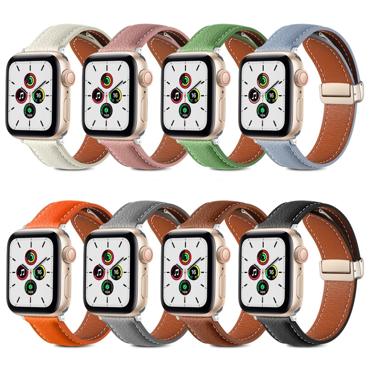 Folding Buckle Genuine Leather Watch Band for Apple Watch Series 8&7 41mm / SE 2&6&SE&5&4 40mm / 3&2&1 38mm(Orange) - Watch Bands by buy2fix | Online Shopping UK | buy2fix