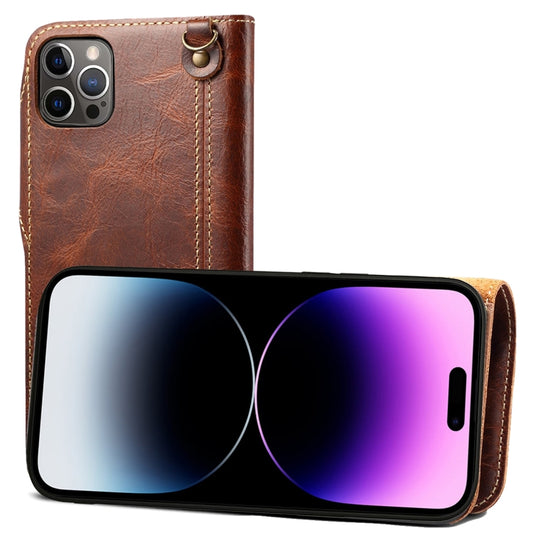 For iPhone 14 Pro Denior Oil Wax Cowhide Magnetic Button Genuine Leather Case(Brown) - iPhone 14 Pro Cases by Denior | Online Shopping UK | buy2fix