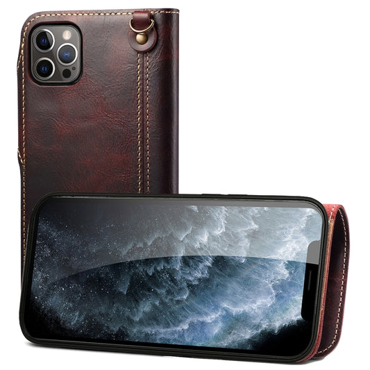 For iPhone 13 Pro Max Denior Oil Wax Cowhide Magnetic Button Genuine Leather Case(Dark Red) - iPhone 13 Pro Max Cases by Denior | Online Shopping UK | buy2fix