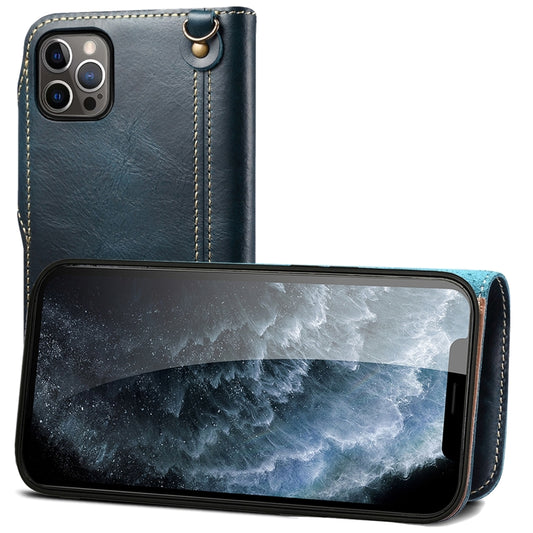 For iPhone 12 / 12 Pro Denior Oil Wax Cowhide Magnetic Button Genuine Leather Case(Dark Blue) - iPhone 12 / 12 Pro Cases by Denior | Online Shopping UK | buy2fix