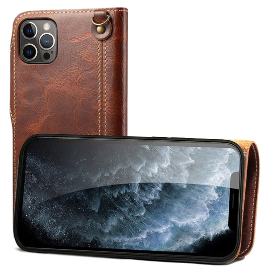 For iPhone 12 / 12 Pro Denior Oil Wax Cowhide Magnetic Button Genuine Leather Case(Brown) - iPhone 12 / 12 Pro Cases by Denior | Online Shopping UK | buy2fix