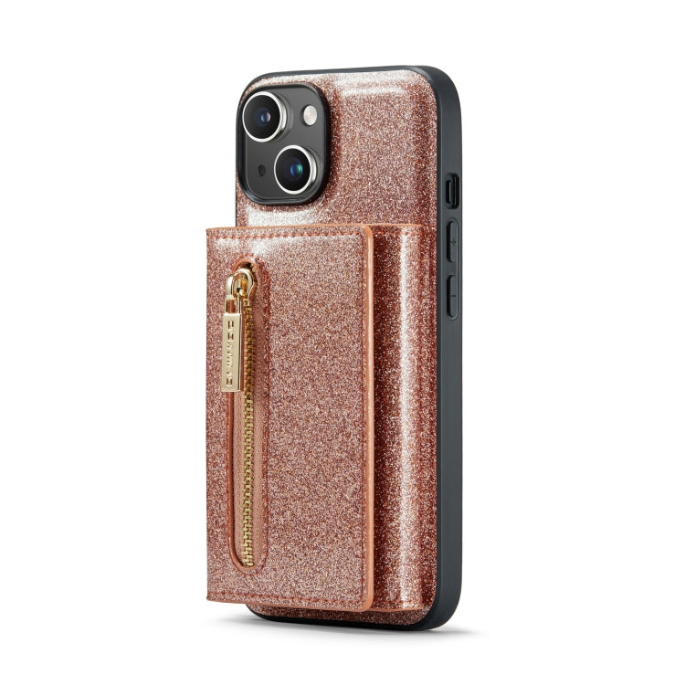 For iPhone 14 DG.MING M3 Series Glitter Powder Card Bag Leather Case(Rose Gold) - iPhone 14 Cases by DG.MING | Online Shopping UK | buy2fix