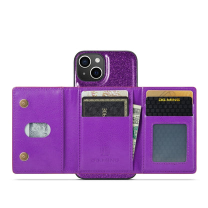 For iPhone 14 DG.MING M3 Series Glitter Powder Card Bag Leather Case(Dark Purple) - iPhone 14 Cases by DG.MING | Online Shopping UK | buy2fix