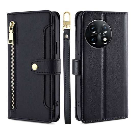 For OnePlus 11 Sheep Texture Cross-body Zipper Wallet Leather Phone Case(Black) - OnePlus Cases by buy2fix | Online Shopping UK | buy2fix