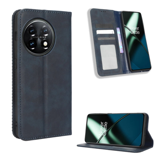 For OnePlus 11 5G Magnetic Buckle Retro Texture Leather Phone Case(Blue) - OnePlus Cases by buy2fix | Online Shopping UK | buy2fix