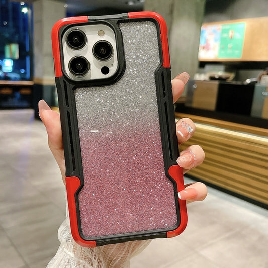 For iPhone 12 Pro Armor Acrylic 3 in 1 Gradient Glitter Powder Phone Case(Red) - iPhone 12 / 12 Pro Cases by buy2fix | Online Shopping UK | buy2fix