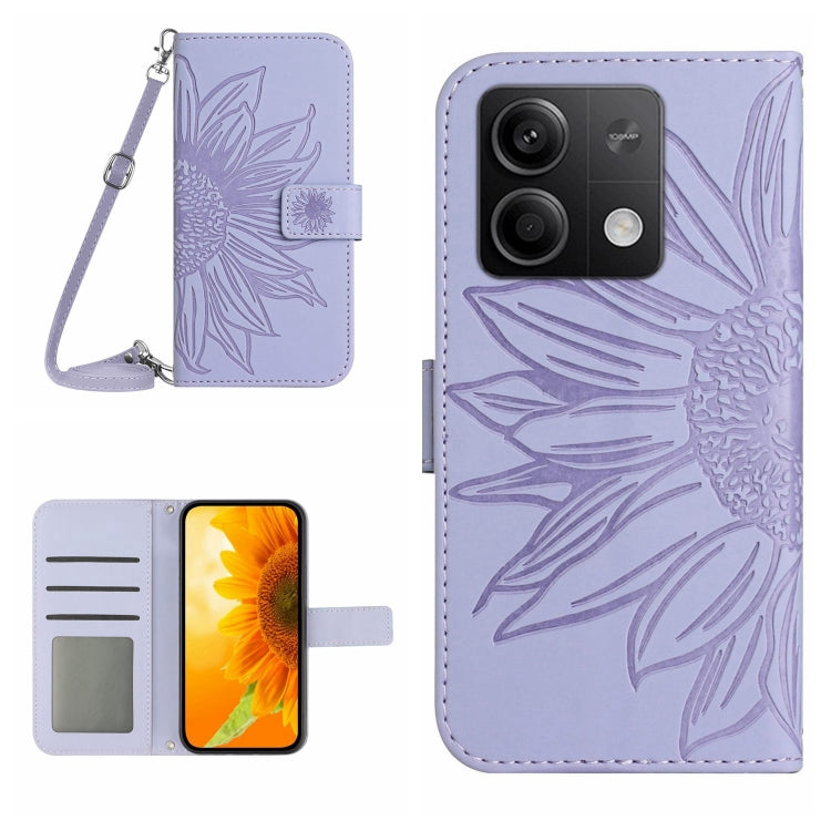 For Xiaomi Redmi Note 13 4G Global Skin Feel Sun Flower Embossed Flip Leather Phone Case with Lanyard(Purple) - Note 13 Cases by buy2fix | Online Shopping UK | buy2fix