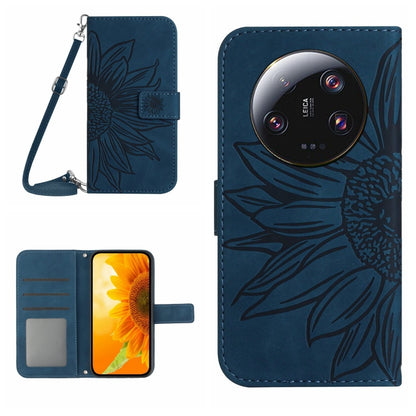 For Xiaomi 14 Ultra Skin Feel Sun Flower Embossed Flip Leather Phone Case with Lanyard(Inky Blue) - 14 Ultra Cases by buy2fix | Online Shopping UK | buy2fix