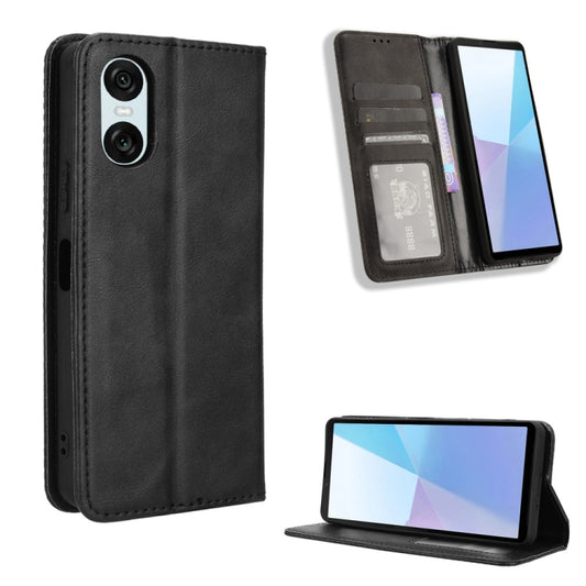 For Sony Xperia 10 VI 2024 Magnetic Buckle Retro Texture Leather Phone Case(Black) - Sony Cases by buy2fix | Online Shopping UK | buy2fix