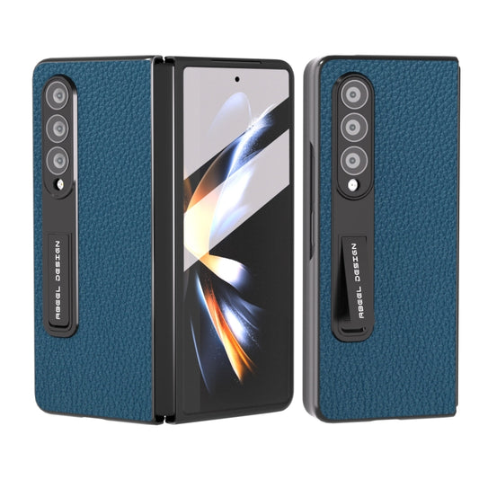 For Samsung Galaxy Z Fold3 5G Integrated Genuine Leather Litchi Texture Phone Case with Holder(Blue) - Galaxy Phone Cases by buy2fix | Online Shopping UK | buy2fix