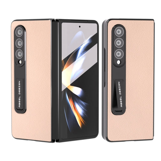 For Samsung Galaxy Z Fold4 5G Integrated Genuine Leather + PC Litchi Texture Phone Case with Holder(Pink Gold) - Galaxy Z Fold4 5G Cases by buy2fix | Online Shopping UK | buy2fix