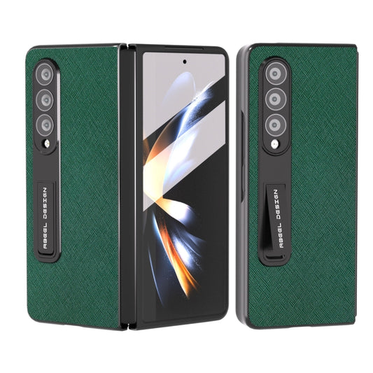 For Samsung Galaxy Z Fold3 5G Integrated Cross Texture Genuine Leather Phone Case with Holder(Green) - Galaxy Phone Cases by buy2fix | Online Shopping UK | buy2fix