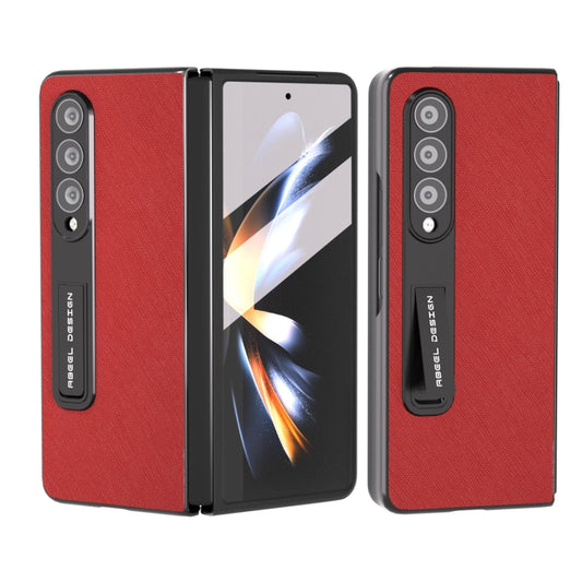 For Samsung Galaxy Z Fold4 5G Integrated Cross Texture Genuine Leather Phone Case with Holder(Red) - Galaxy Z Fold4 5G Cases by buy2fix | Online Shopping UK | buy2fix