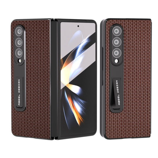 For Samsung Galaxy Z Fold4 5G Integrated Genuine Leather Luxury Series Phone Case with Holder(Coffee) - Galaxy Z Fold4 5G Cases by buy2fix | Online Shopping UK | buy2fix