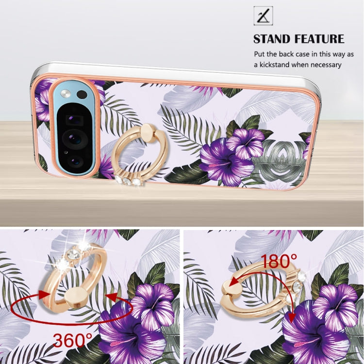 For Google Pixel 9 Pro XL Electroplating IMD TPU Phone Case with Ring(Purple Flower) - Google Cases by buy2fix | Online Shopping UK | buy2fix