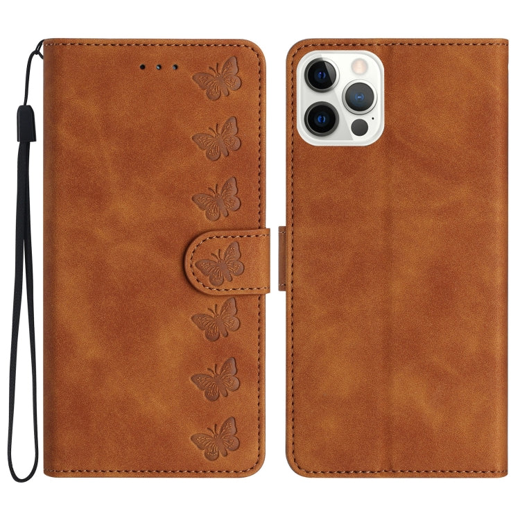 For iPhone 16 Pro Max Seven Butterflies Embossed Leather Phone Case(Brown) - iPhone 16 Pro Max Cases by buy2fix | Online Shopping UK | buy2fix