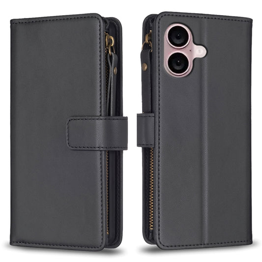 For iPhone 16 9 Card Slots Zipper Wallet Leather Flip Phone Case(Black) - iPhone 16 Cases by buy2fix | Online Shopping UK | buy2fix