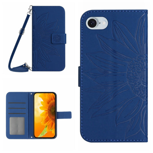 For iPhone SE 2024 Skin Feel Sun Flower Embossed Flip Leather Phone Case with Lanyard(Dark Blue) - More iPhone Cases by buy2fix | Online Shopping UK | buy2fix