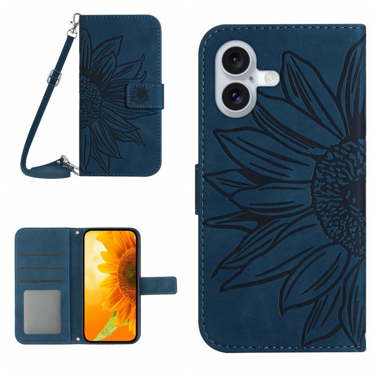 For iPhone 16 Skin Feel Sun Flower Embossed Flip Leather Phone Case with Lanyard(Inky Blue) - iPhone 16 Cases by buy2fix | Online Shopping UK | buy2fix