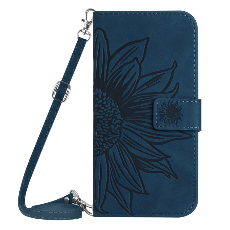 For iPhone 16 Skin Feel Sun Flower Embossed Flip Leather Phone Case with Lanyard(Inky Blue) - iPhone 16 Cases by buy2fix | Online Shopping UK | buy2fix