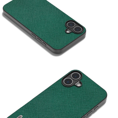 For iPhone 16 ABEEL Cross Texture Genuine Leather Phone Case(Green) - iPhone 16 Cases by buy2fix | Online Shopping UK | buy2fix