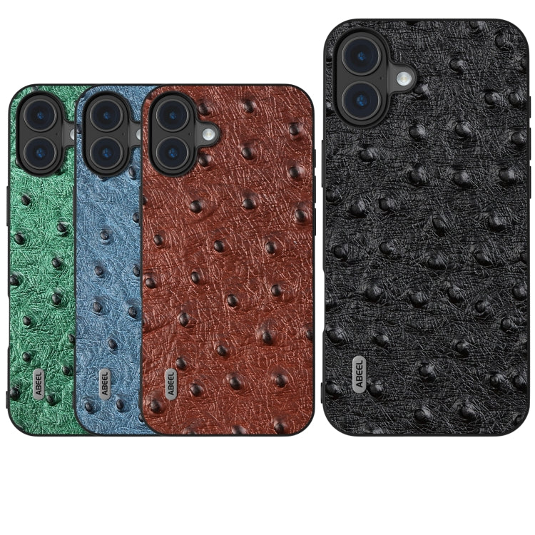 For iPhone 16 Plus ABEEL Genuine Leather Ostrich Texture Phone Case(Green) - iPhone 16 Plus Cases by buy2fix | Online Shopping UK | buy2fix