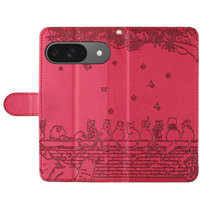 For Google Pixel 9 / 9 Pro Cat Embossing Pattern Leather Phone Case with Lanyard(Red) - Google Cases by buy2fix | Online Shopping UK | buy2fix